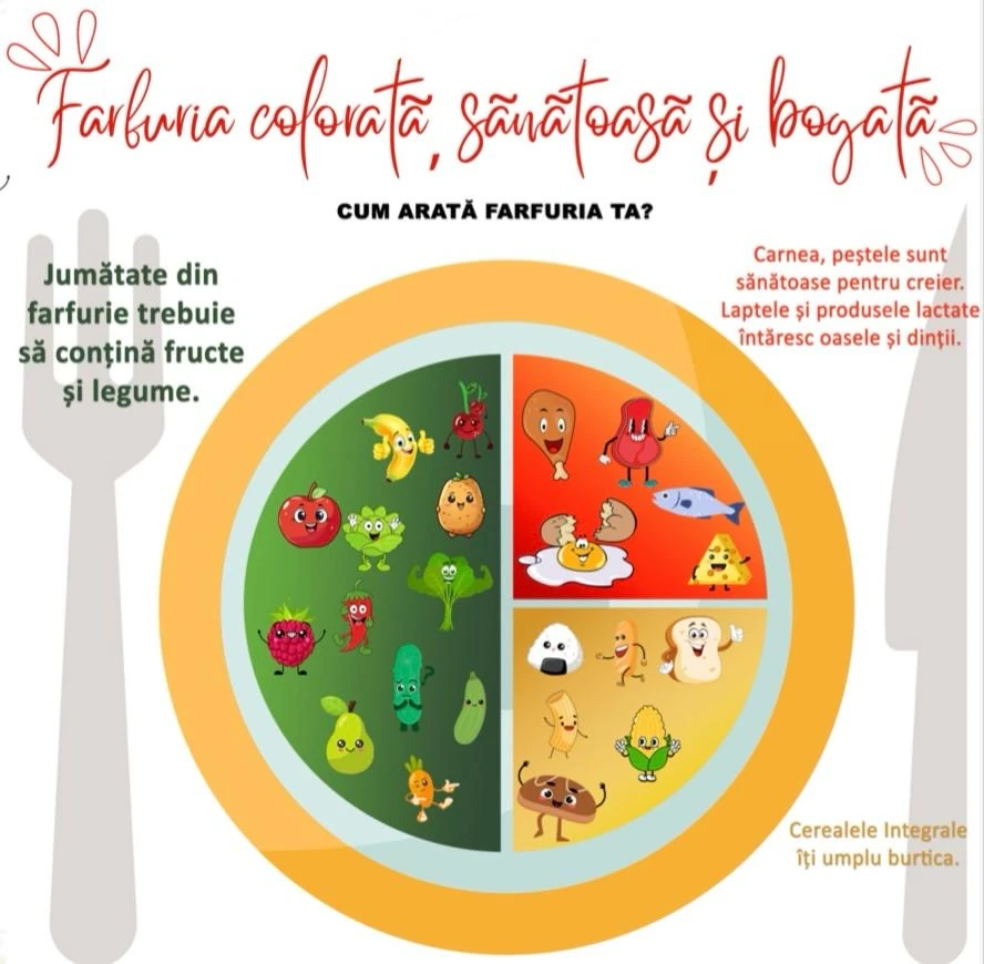 Farfuria colorată, sănătoasă și bogată: jumătate din farfurie fructe și legume; carnea, peștele, ouăle și lactatele într-un sfert; cerealele integrale în celălalt sfert